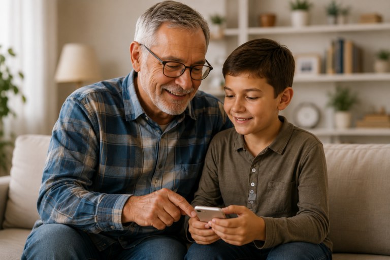 Abuelo y nieto usando un móvil