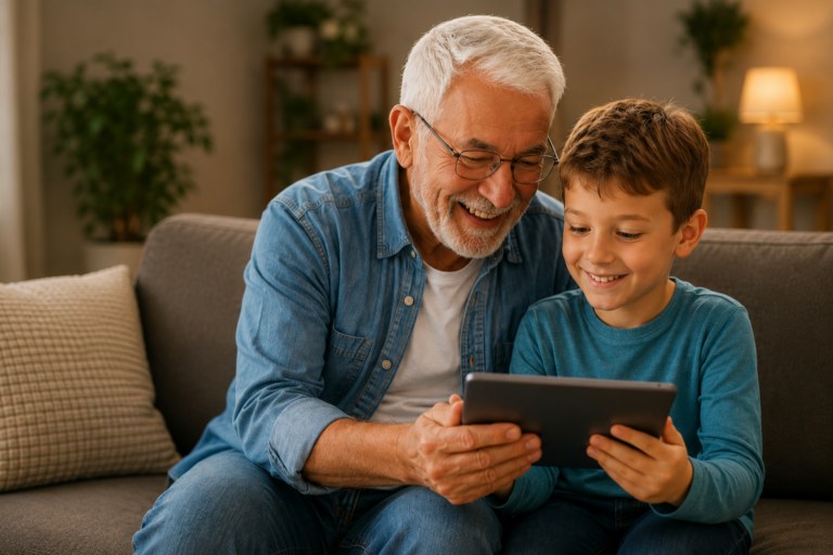 Abuelo con su nieto usando una tablet